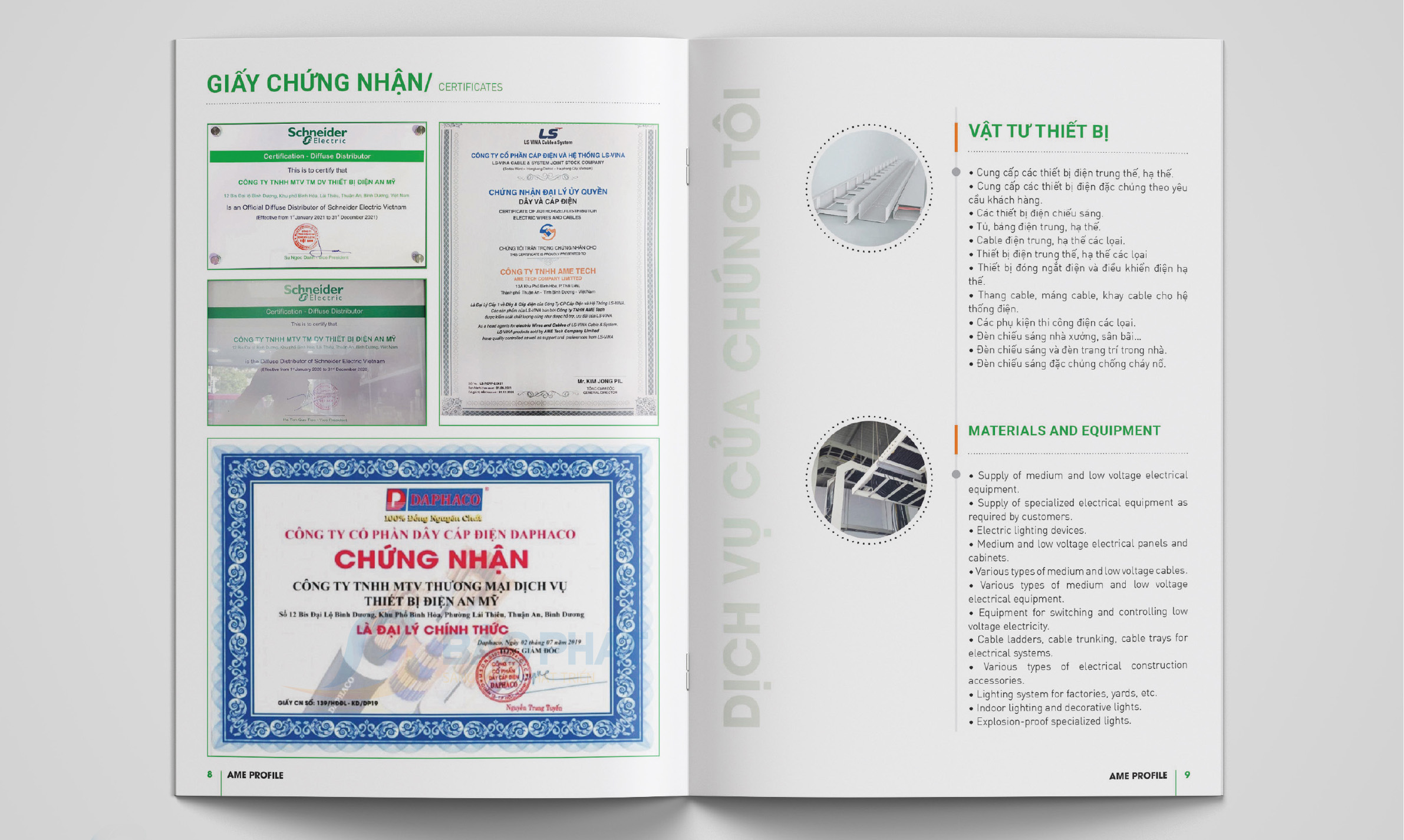 Vật tư Pháp lý - Hồ sơ năng lực công ty thiết bị điện AME